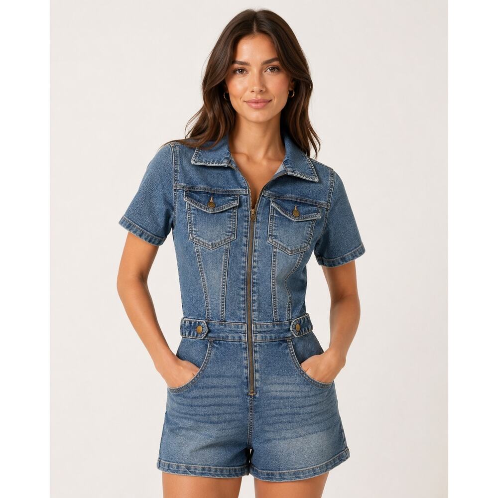 Celebrity Pink Small Cotton Blend Zip Front Denim Shorts Romper